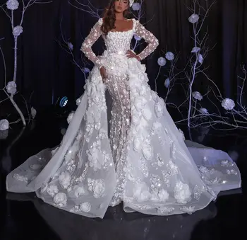 Роскошные свадебные платья Русалки С длинными рукавами Бато Пайетками и аппликациями 3D Цветы Съемный шлейф Свадебные платья Vestina De Novia