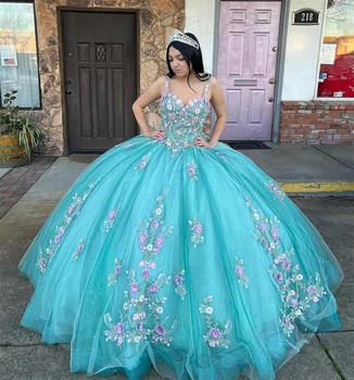 Пышные платья принцессы Бальное платье на тонких бретельках Тюлевые аппликации Sweet 16 Платьев 15 Años Мексиканское