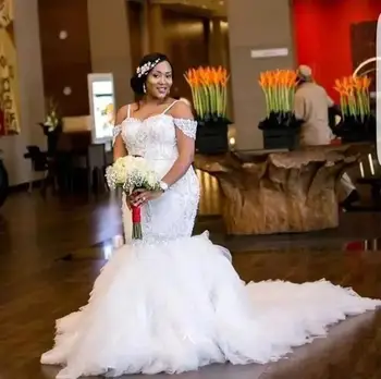 Плюс размер Свадебное платье Русалки с оборками, юбка-спагетти, свадебное платье De Noiva, расшитое бисером, выполненное на заказ, Многоуровневая Африканская невеста