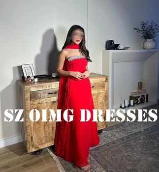 OIMG Новый дизайн выпускных платьев-футляров без бретелек, без рукавов, Саудовские Арабские женщины, Атласные, расшитые бисером, Красные вечерние платья, вечернее платье для вечеринок