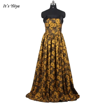 Это Желтое Вечернее платье Yiiya с цветочным узором, Простое, Без бретелек, на шнуровке, Трапециевидная Складка, Длина до пола, Большие размеры, Женские Вечерние платья B2167