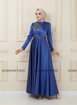 Простые модные аппликации С длинным рукавом и высоким вырезом Атласные Мусульманские Вечерние платья Для официальных вечеринок Хиджаб Женщины Арабский Кафтан Халат