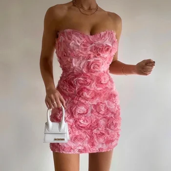 Розовые мини-платья Русалки для выпускного вечера, коктейльные платья без бретелек с 3D розами и цветами, вечерние платья для особых случаев, клубная ночная одежда
