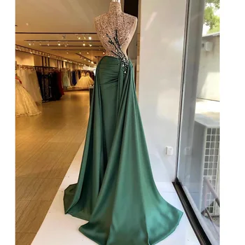 зеленые платья для выпускного вечера 2023 кружевные аппликации, расшитые бисером, хрустальные складки, вечерние платья трапециевидной формы с высоким воротом, платья