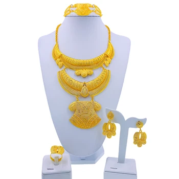 Африканская Мода Ювелирные Изделия Преувеличенный Большой Кулон Ожерелье Женский Золотой Ювелирный Набор Браслеты Серьги Кольцо Свадебный Подарок
