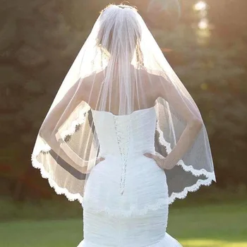 Простая короткая кружевная свадебная фата с гребнем, однослойная белая фата цвета слоновой кости для невесты в наличии