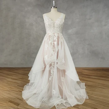DIDEYTTAWL Реальное изображение Свадебное платье трапециевидной формы из органзы с V-образным вырезом, многоуровневое, на молнии сзади, с аппликациями, свадебное платье со шлейфом