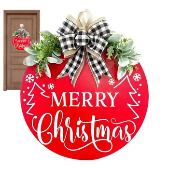 Рождественская Дверная Подвесная Вывеска с Бантом в Клетку из Буйвола Деревянный Санта-Клаус Рождественское Подвесное Украшение для Внутреннего Наружного декора
