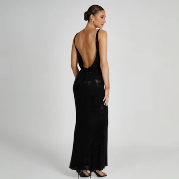 Черное сексуальное тонкое длинное платье с V-образным ремешком, элегантное модное вечернее платье знаменитости из вискозы без рукавов с бриллиантами