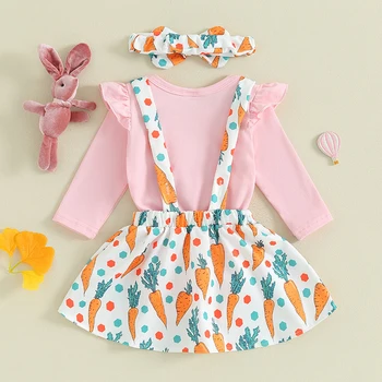 Пасхальный наряд Для маленькой девочки, комбинезон с длинными рукавами, платье с вышивкой в виде моркови и Кролика, повязка на голову с бантом, одежда для новорожденных