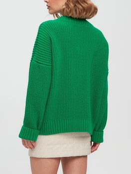Женский осенний свободный свитер MALCIKLO, однотонный вязаный пуловер с V-образным вырезом и длинными рукавами, свитера, трикотаж