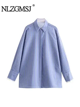 TRAF 2024 Весенняя полосатая рубашка оверсайз Женская Синяя длинная рубашка Женские рубашки на пуговицах для женщин Блузка с длинным рукавом Женская