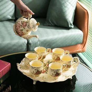 Европейские Креативные Цветы Керамический Кофейно-Чайный Сервиз Британский Послеобеденный Чай Чашка для Воды Чайник Поднос Кувшин для холодной Воды Набор Декоративной Посуды для напитков
