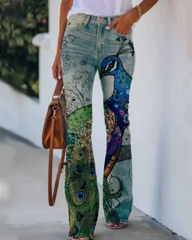Новые джинсовые леггинсы Y2K, женские синие повседневные брюки-карандаш с 3D принтом павлина, прямые джинсы с широкими штанинами