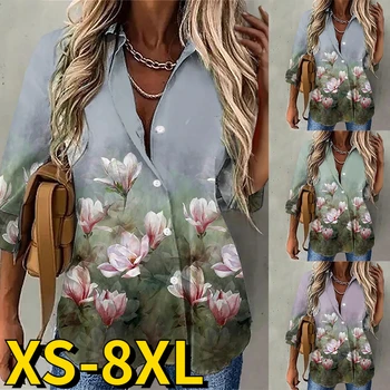 2023 Женские Элегантные свободные блузки в стиле ретро, весенние модные топы с длинным рукавом и V-образным вырезом, рубашка на пуговицах с цветочным принтом XS-8XL