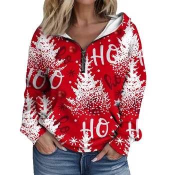 Женские толстовки, повседневный пуловер, спортивная рубашка большого размера на молнии, толстовки с длинными рукавами и принтом, Рождественский пуловер, топ