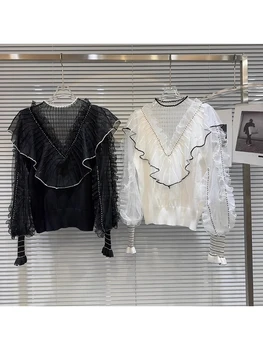 Новейший дизайнерский модный женский сетчатый плиссированный вязаный пуловер с оборками HIGH STREET 2024