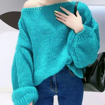 Синие женские свитера, Розовый вязаный топ с открытыми плечами, Женский Белый пуловер, Корейская уличная одежда в стиле эмо Харадзюку, Y2k Xxl E