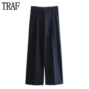 TRAF Полосатые мешковатые брюки Женские Контрастные синие широкие брюки для женщин, плиссированные брюки с высокой талией, женская уличная одежда, повседневные брюки