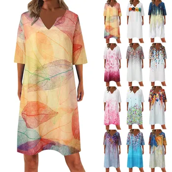 Хлопчатобумажная льняная блузка, женское Повседневное платье с V-образным вырезом и коротким рукавом, мода 2023, Элегантный сарафан, Праздничное пляжное платье, Vestidos
