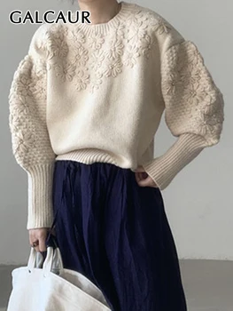 Женский свитер с цветочной вышивкой GALCAUR, круглый вырез, длинный рукав, Корейский осенний повседневный однотонный пуловер, свитера Женские