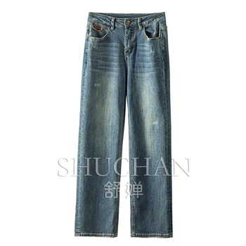 Новые рваные джинсы из 92% хлопка для женщин полной длины, замените старые джинсы с высокой талией ПРЯМЫМИ женскими панталонами