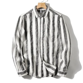 Повседневная мужская рубашка в полоску с длинным рукавом, высококачественный бренд, 100% лен, удобная блузка, сорочки, мужская пляжная однотонная рубашка