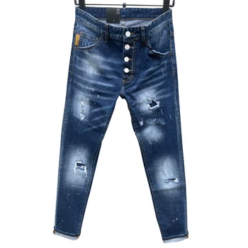 Итальянский дизайн Starbag dsq c018 Мужские джинсы В крапинку в стиле панк-Рок D2024, нашивка С перфорацией в виде Горячего Бриллианта, Эластичные ножки, синие облегающие брюки