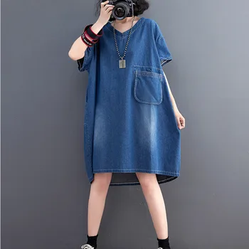 #2172 Винтажное синее джинсовое платье с коротким рукавом, свободный V-образный вырез, ретро тонкое джинсовое платье, женские карманы, Асимметричное платье трапециевидной формы, летнее
