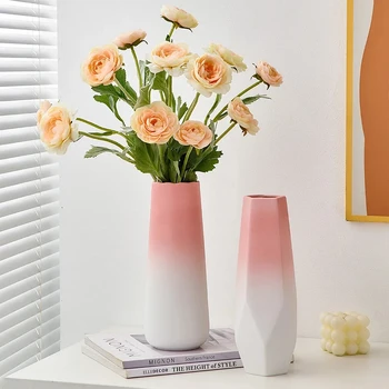 Скандинавская ваза для цветов Украшение гостиной Интерьер дома Керамическая розовая градиентная ваза Современный стол Бутылка для цветов офисный декор