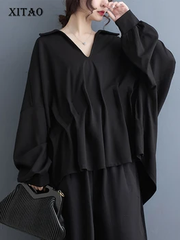 XITAO, Черная Повседневная Женская Блузка С V-образным вырезом, Свободный Топ, Пуловер С рукавами 